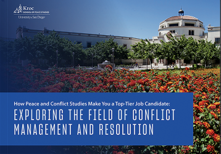 A university building with a domed roof and landscaped garden, overlaid with text about studying conflict management and resolution at the Kroc School of Peace Studies, University of San Diego. A university building with a domed roof and landscaped garden, overlaid with text about studying conflict management and resolution at the Kroc School of Peace Studies, University of San Diego.