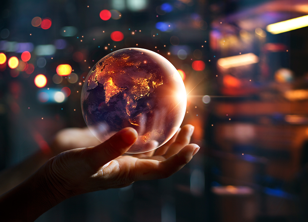A hand holds a glowing, illuminated globe against a blurred, colorful city background, symbolizing the hope for justice and peace around the world.